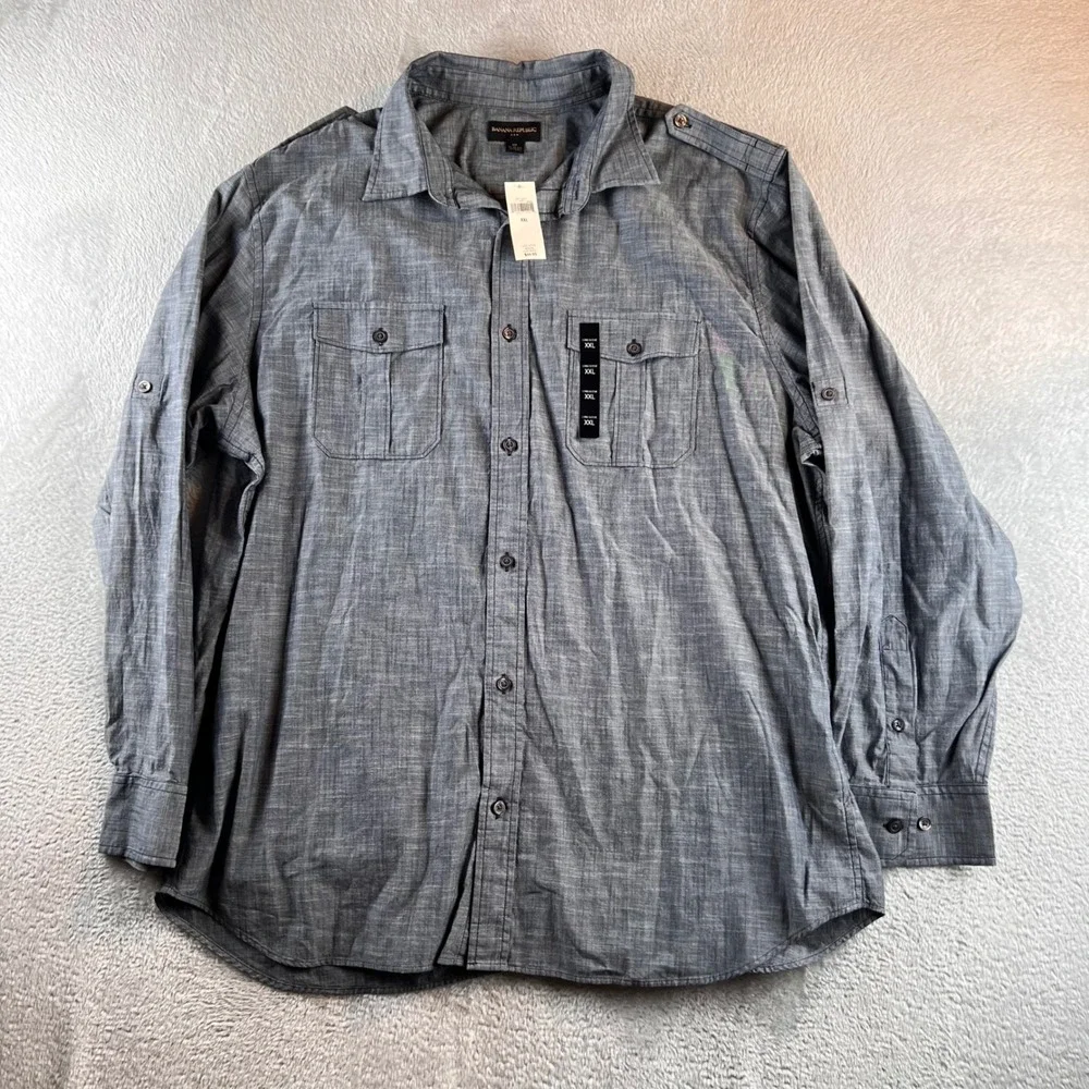Banana Republic Mens XXL Cotton Chambray Button Down Shirt Epaulettes 788718